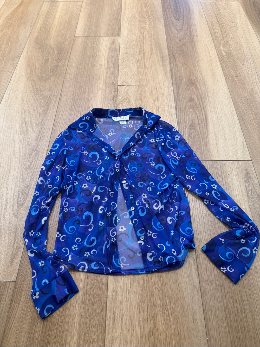 Y2K Younique Blue Sheer Swirl Print Button-Up Top